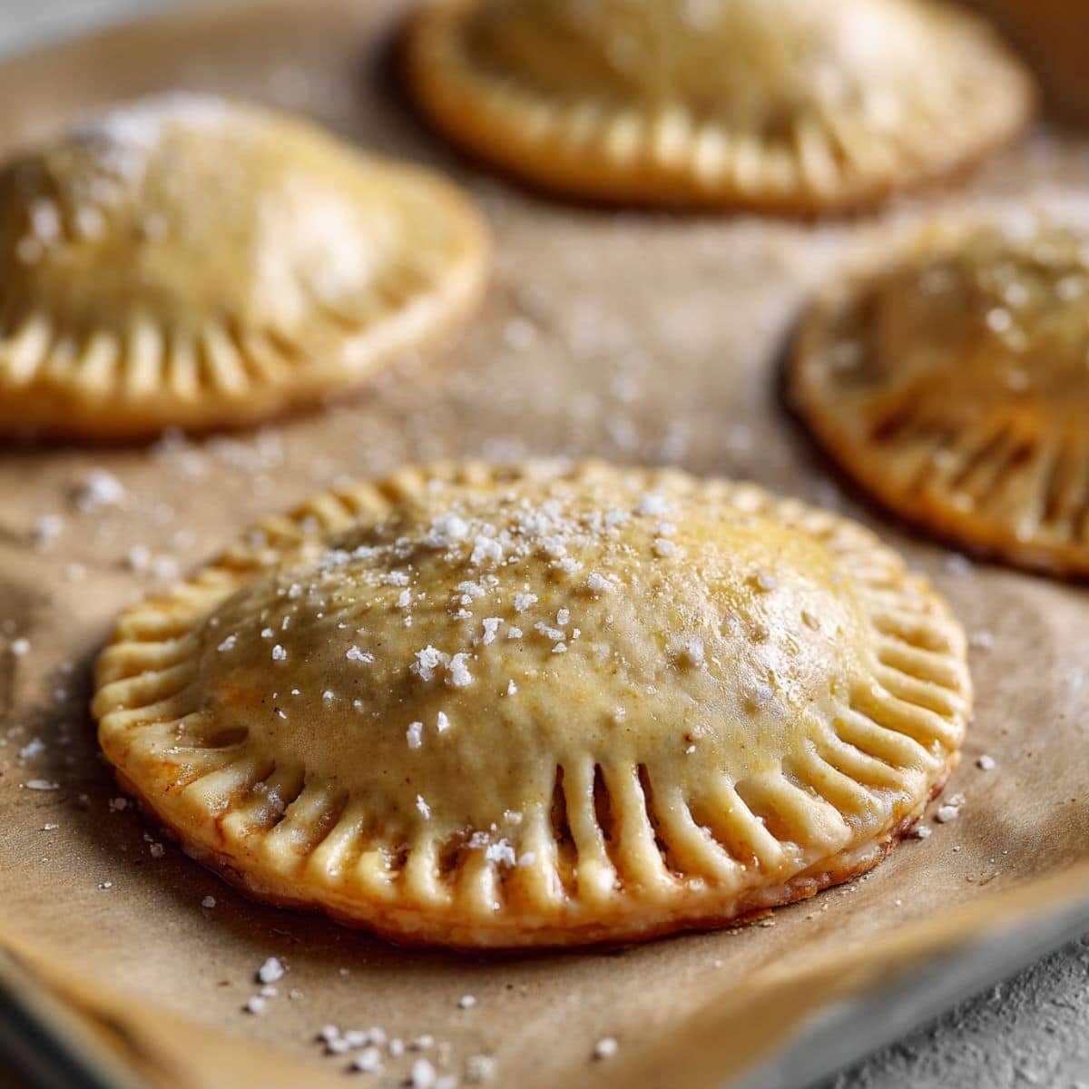 Unbaked hand pies on baking sheet ready for oven