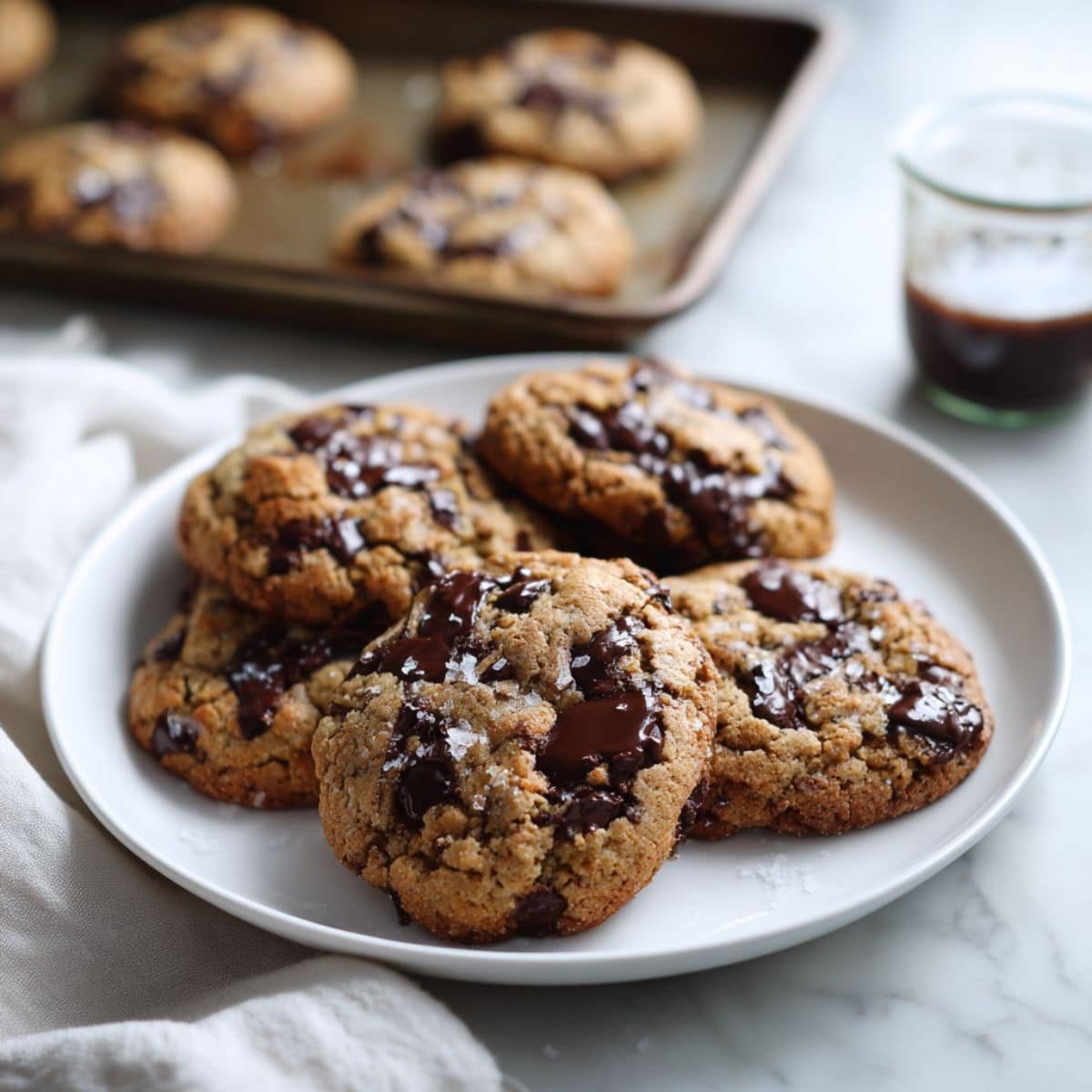 Freshly baked banana chocolate cookies with gooey chocolate chips