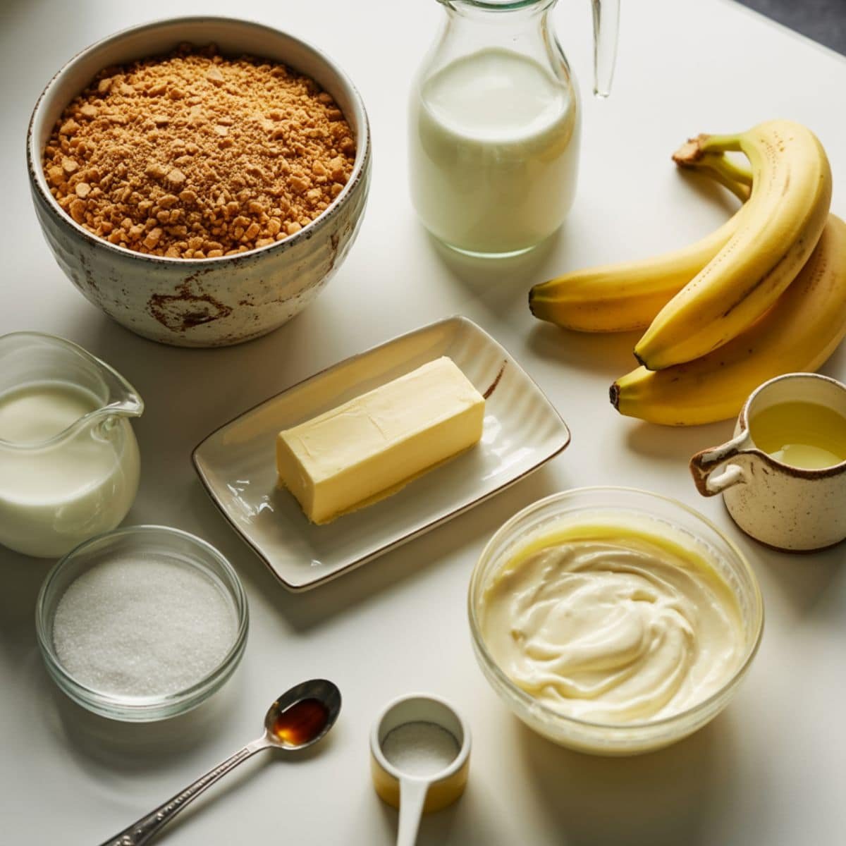 All ingredients laid out for mini banana cream pies recipe	