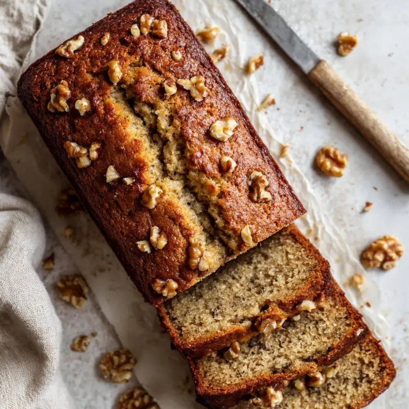 Freshly baked banana nut bread loaf with slices, topped with chopped walnuts, on a white kitchen counter.	