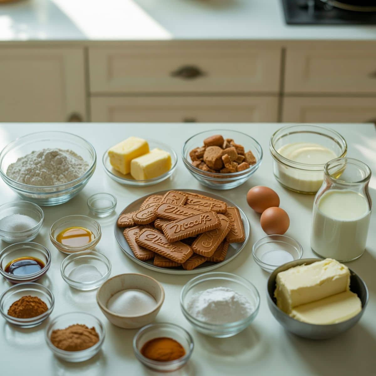 All ingredients for Biscoff cake arranged in white kitchen