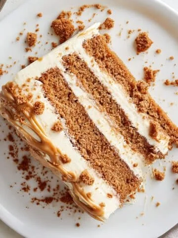 Biscoff cake slice with creamy frosting on white plate