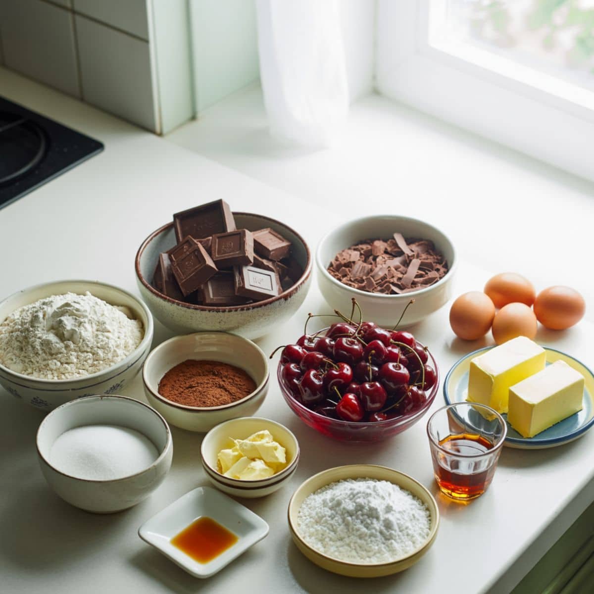 Flat lay of Black Forest Cake ingredients on a white kitchen table, including chocolate, flour, cocoa, cherries, cream, and eggs.