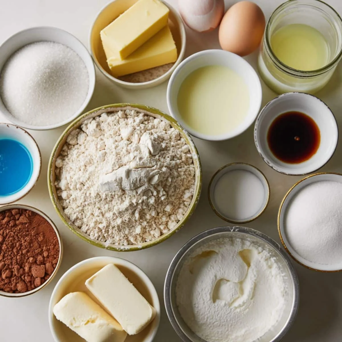 All ingredients arranged on white counter	