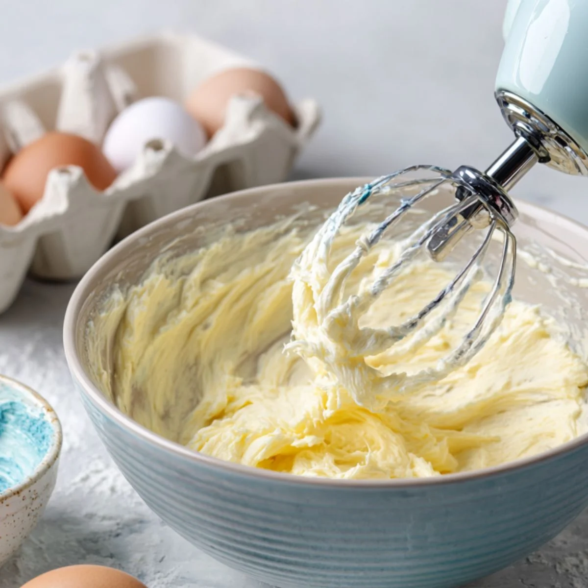 Butter and sugar creamed with blue coloring	