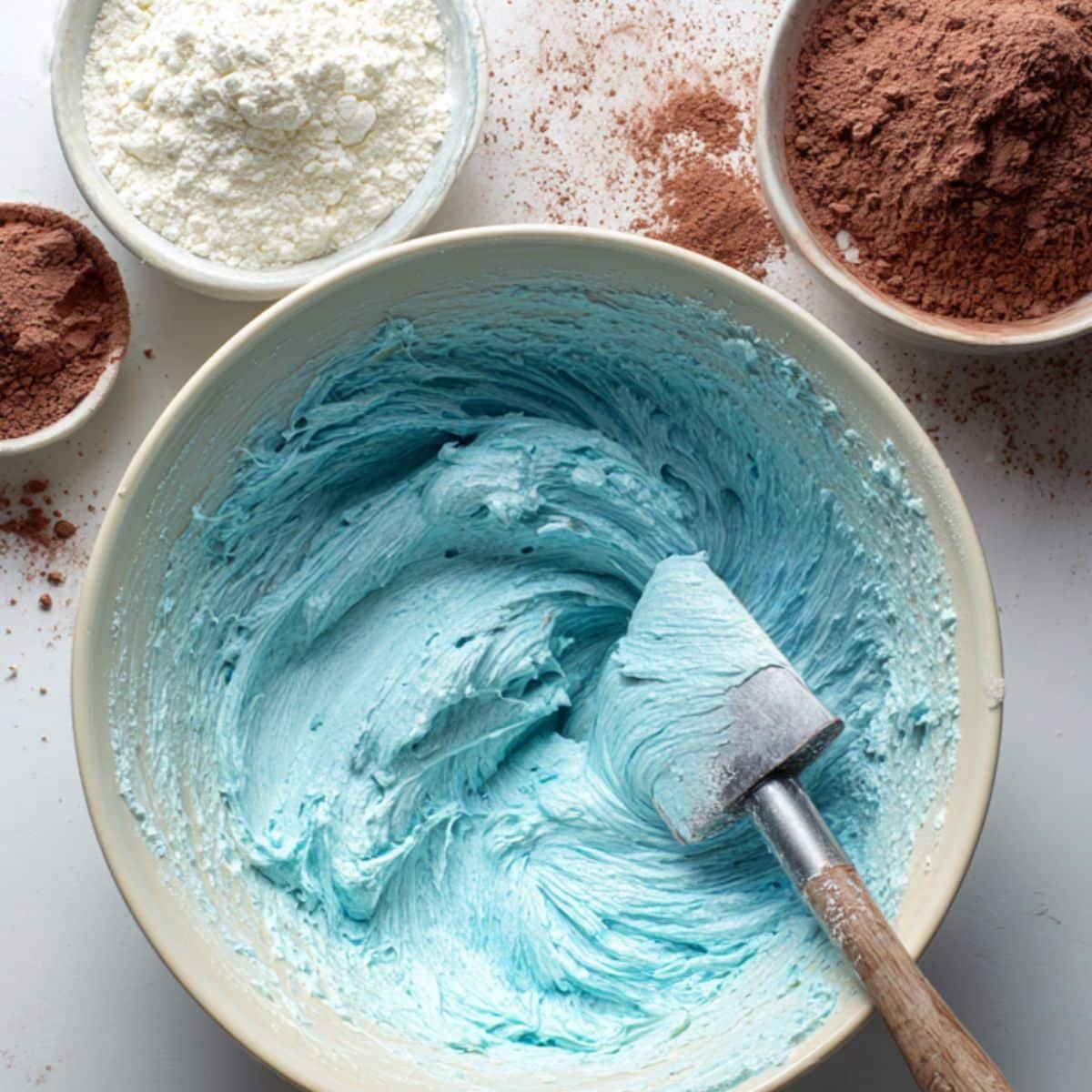 Flour and buttermilk being added to blue batter	