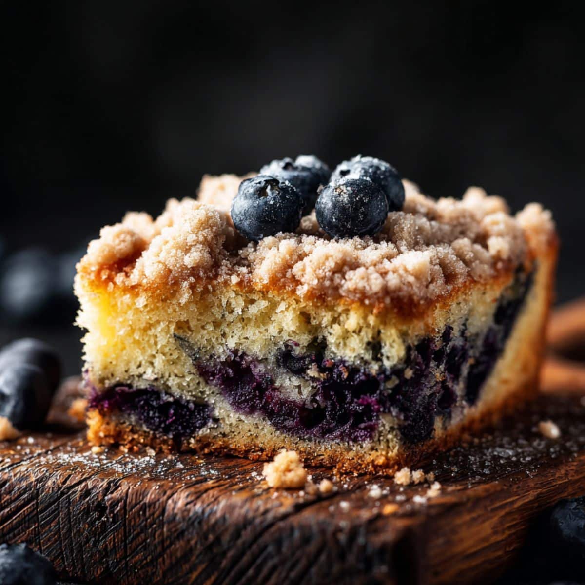 Homemade blueberry sour cream coffee cake with golden streusel topping on a white kitchen counter