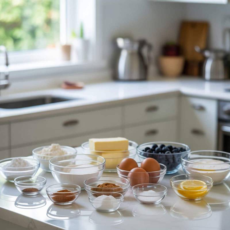 All ingredients for blueberry sour cream coffee cake arranged neatly on a white kitchen counter in order