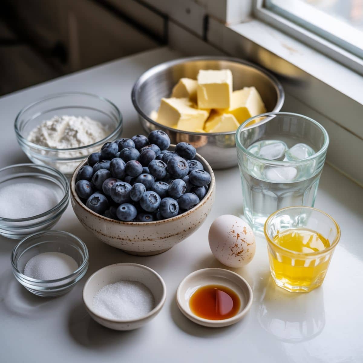 Blueberry hand pie ingredients laid out on white kitchen counter

