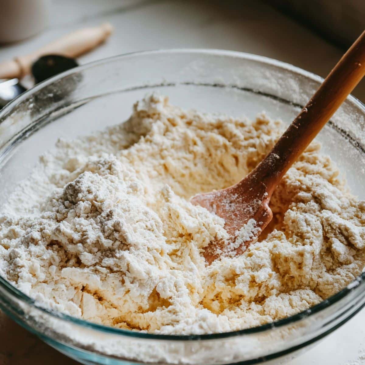 Mixing cinnamon donut bread batter in glass bowl	