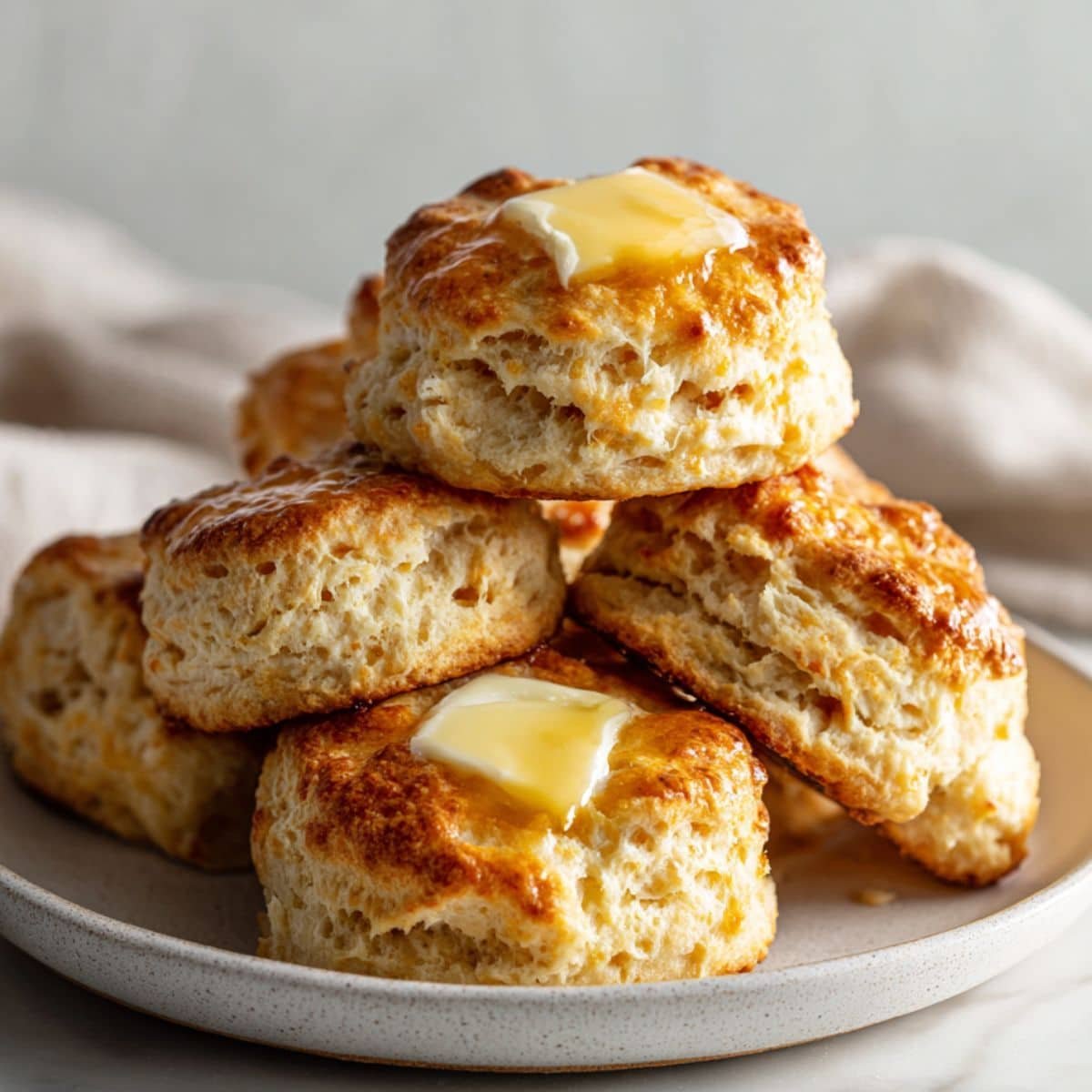 Fluffy golden breakfast biscuits recipe cooling on a rack in a white kitchen