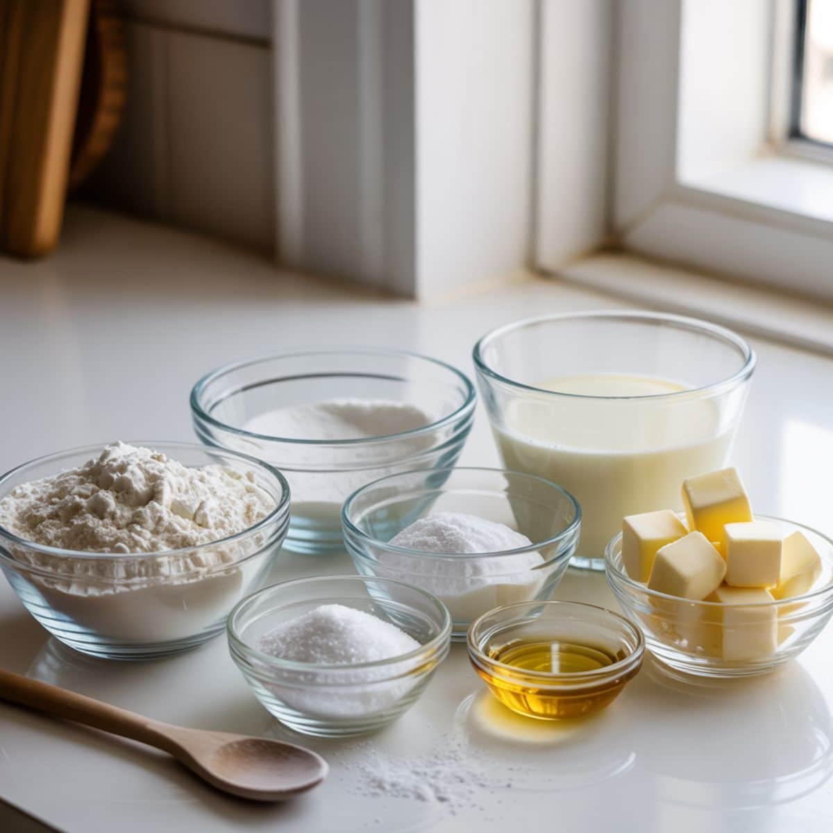Flat lay of biscuit ingredients neatly arranged on a white kitchen counter