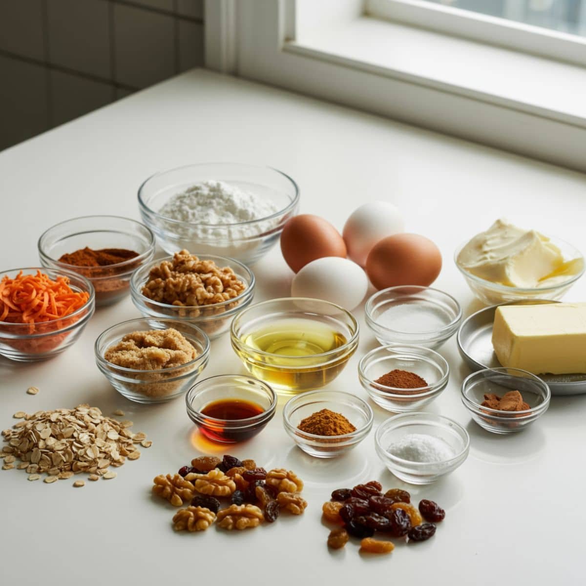 Flat lay of carrot cake cookies ingredients arranged in order on white kitchen counter