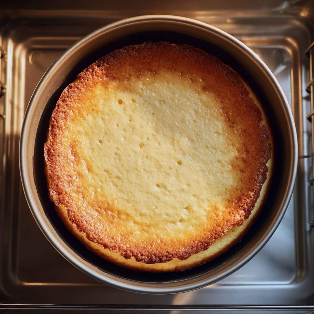 Cheesecake baking in water bath inside oven	