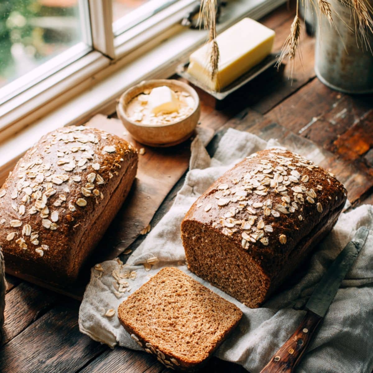 Freshly baked Cheesecake Factory-style brown bread loaves, sliced and topped with oats