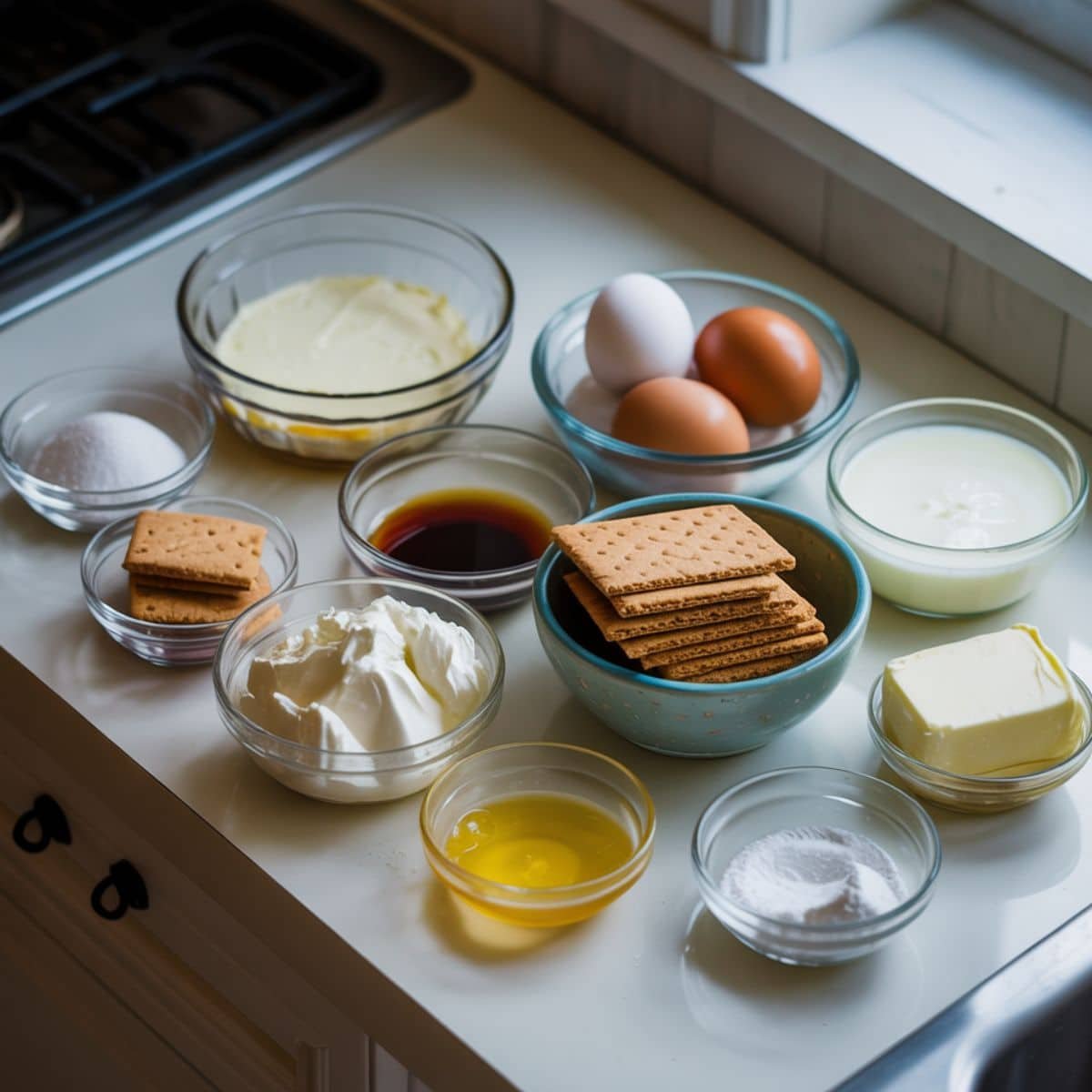 Ingredients laid out for New York cheesecake	