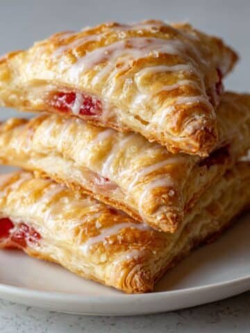 Cherry turnovers stacked with juicy cherry filling on white plate