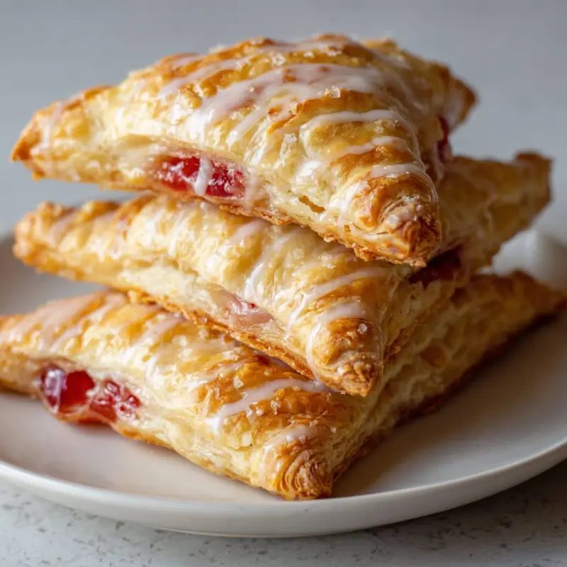 Cherry turnovers stacked with juicy cherry filling on white plate	