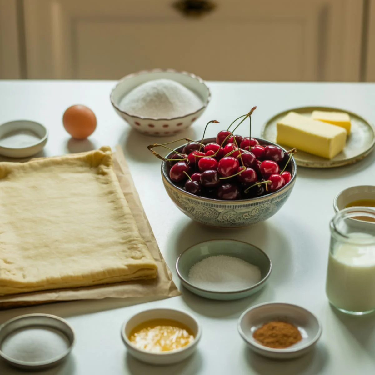 Cherry turnovers recipe ingredients laid out on white counter	