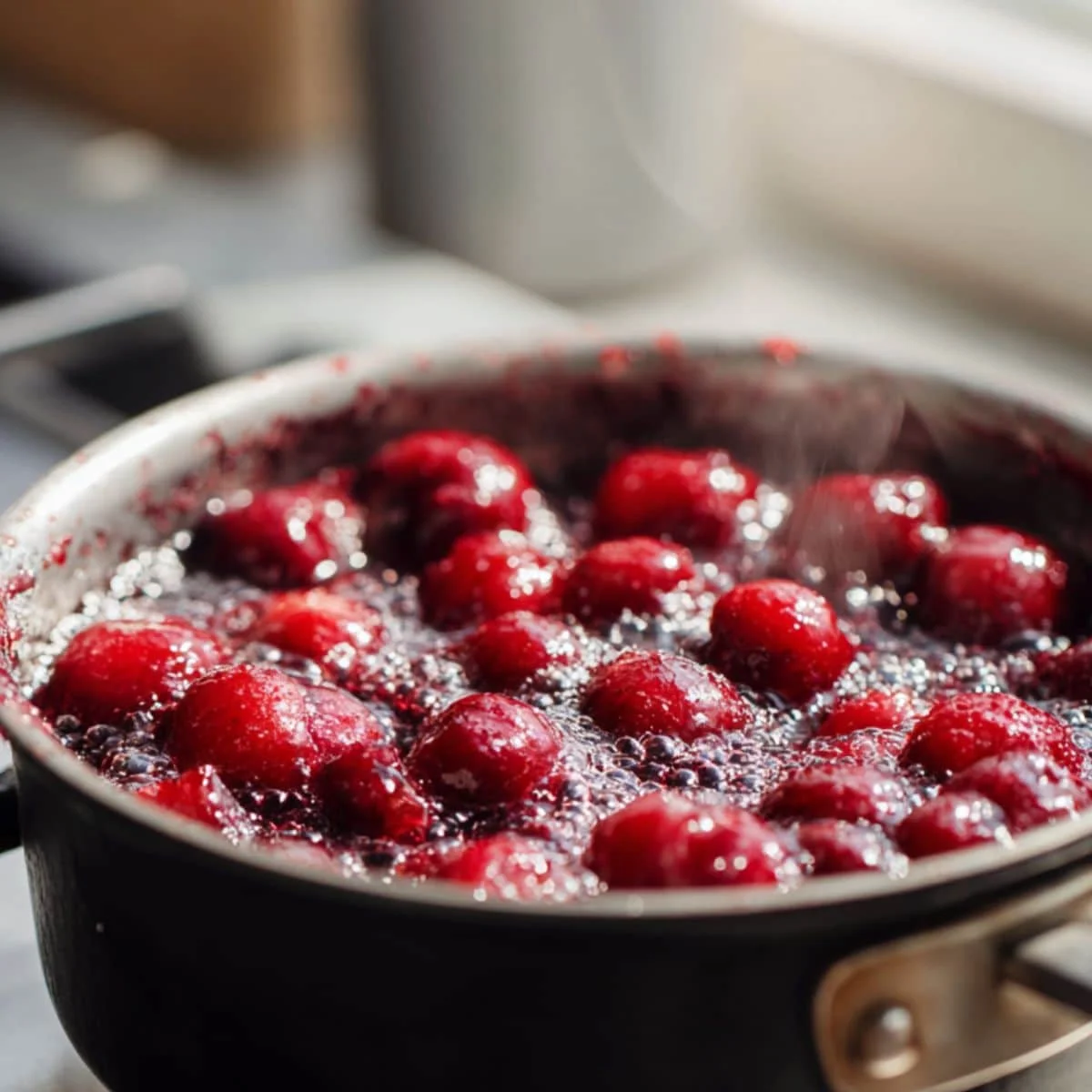 Cooking cherries for filling in saucepan	