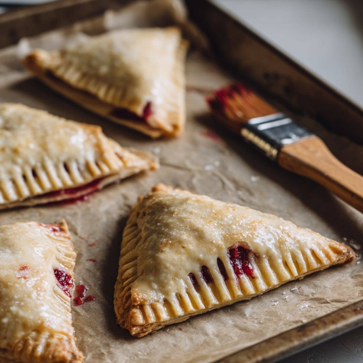 Folding cherry turnovers into triangle shapes before baking	