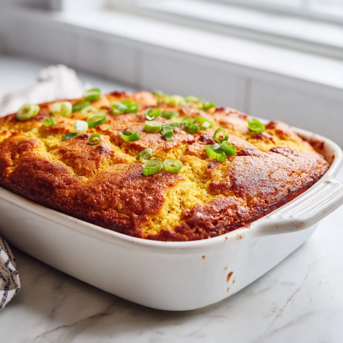 Homemade chili and cornbread casserole baked golden brown with green onion garnish in a white kitchen