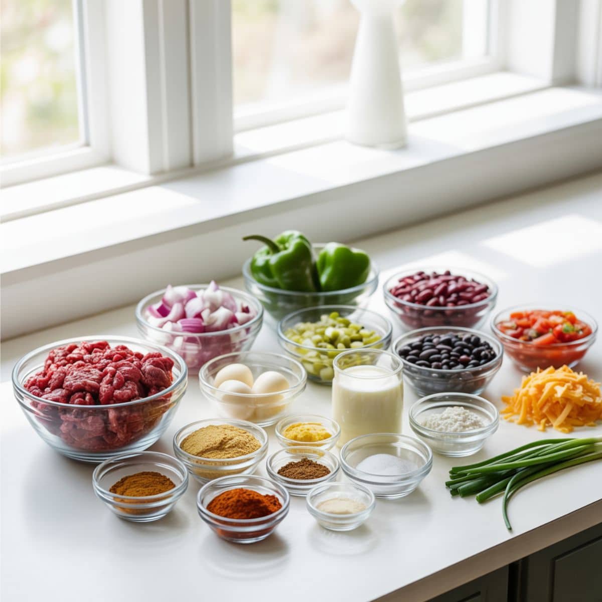 All chili and cornbread casserole ingredients neatly arranged on a white kitchen counter in recipe order
