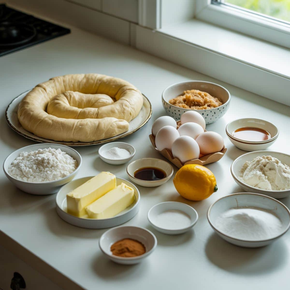 All ingredients for churro cheesecake bars recipe laid out on counter