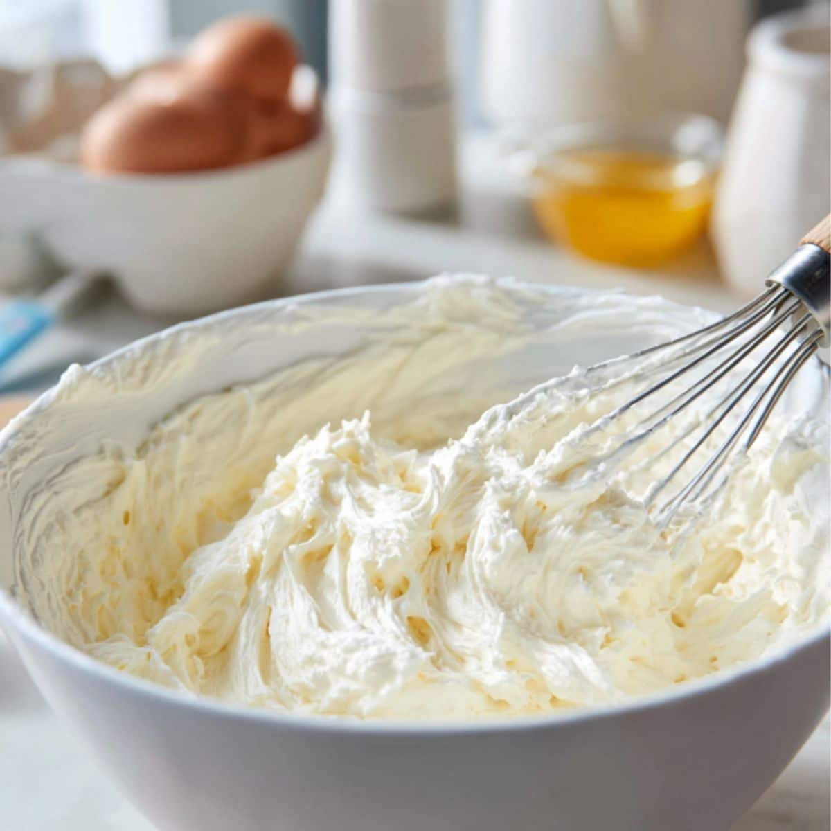 Mixing cheesecake filling in white bowl