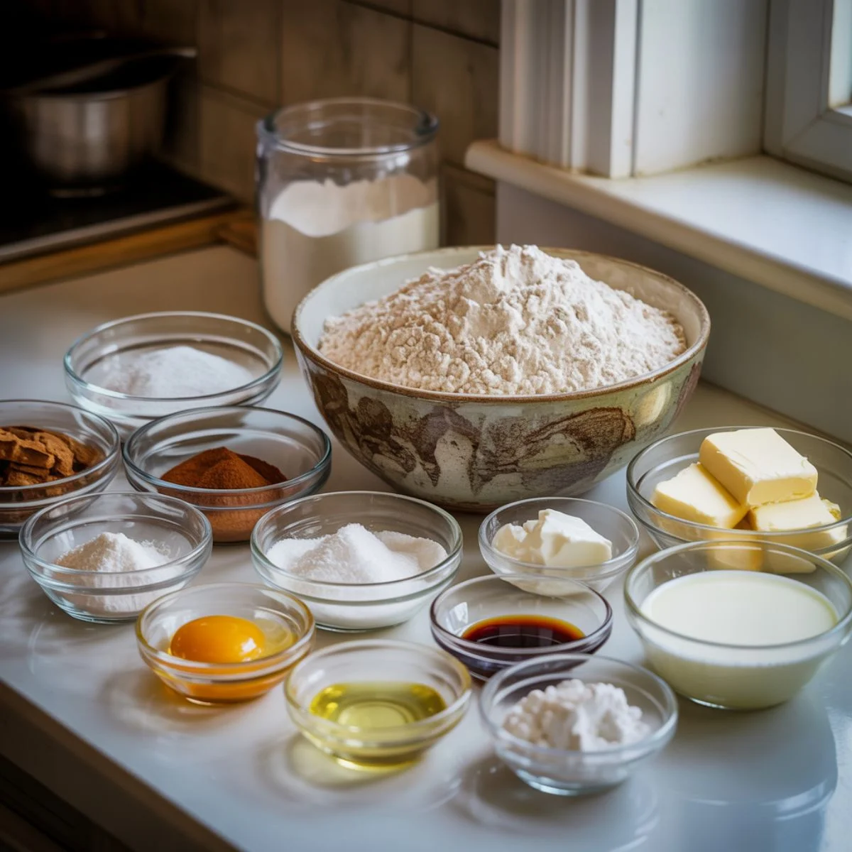 Ingredients for cinnamon donut bread on white counter	