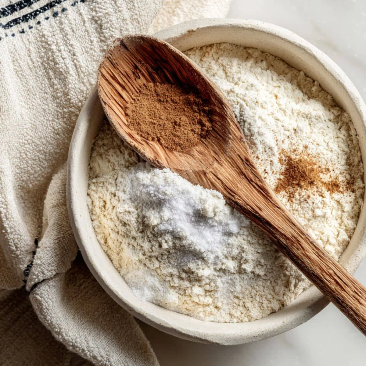 Almond flour, baking soda, salt, and cinnamon in a bowl with a wooden spoon.	