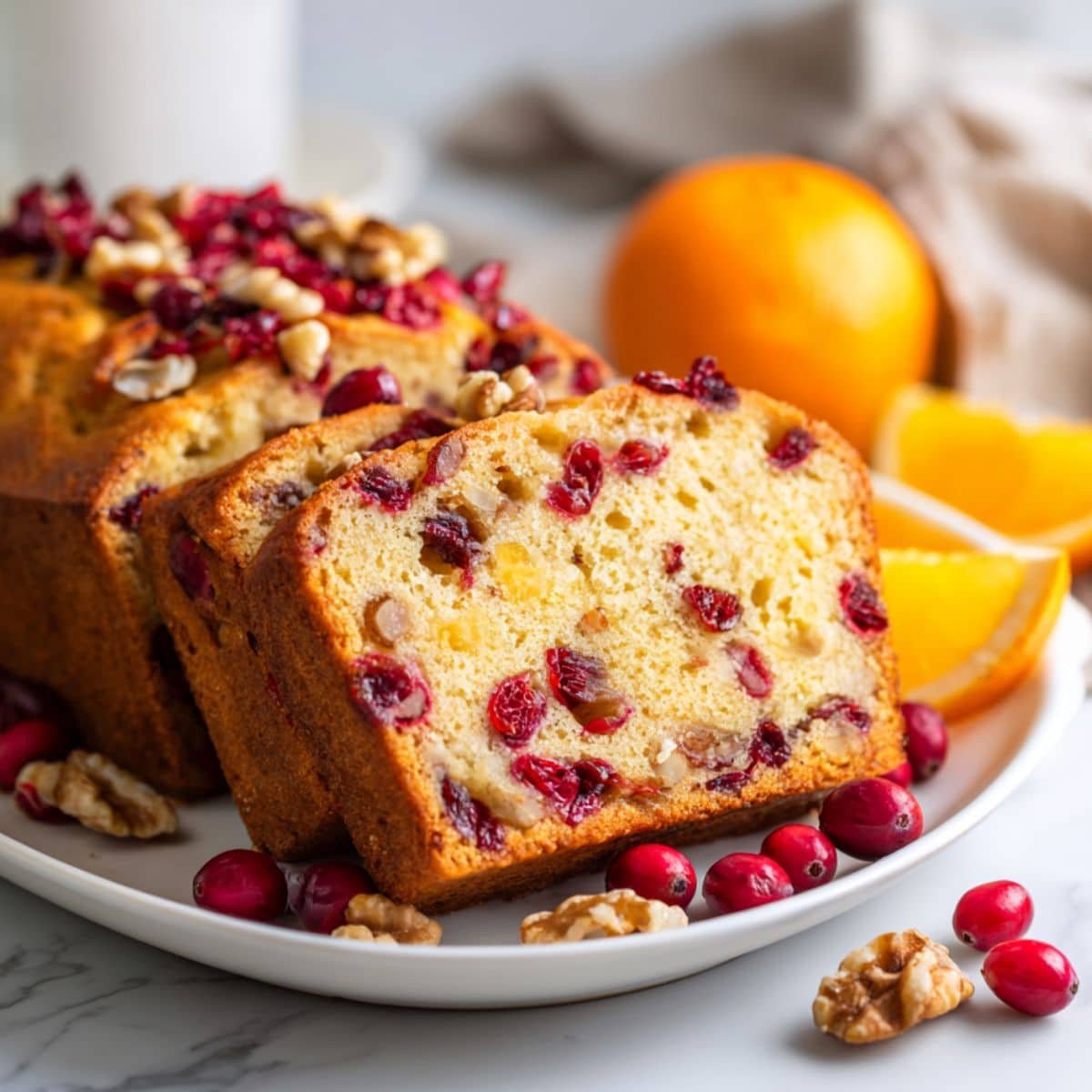 a plate of cranberry bread with nuts and oranges