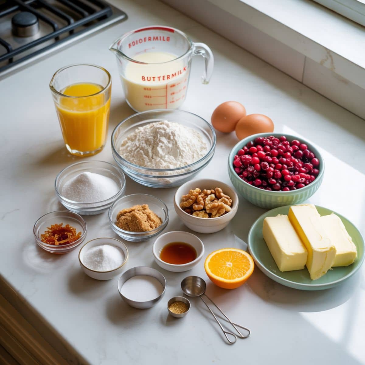 Flat lay of Cranberry Bread Recipe ingredients arranged on a white kitchen counter in order