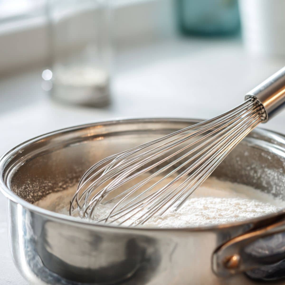 Sugar, cornstarch, and water mixture being whisked in saucepan.	