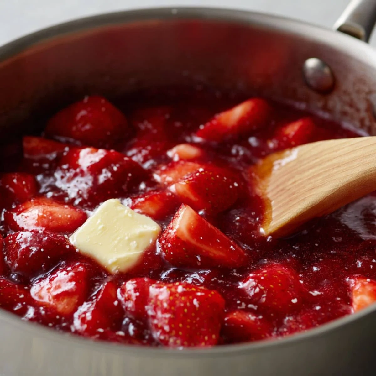 Stirring strawberries into thickened pie filling mixture in saucepan.	