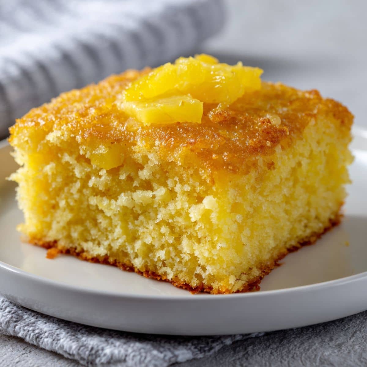 Moist crushed pineapple cake slice with cream cheese frosting on white plate in bright kitchen