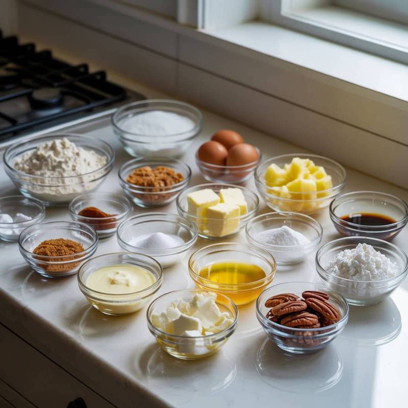 Baking ingredients for crushed pineapple cake neatly arranged on a white kitchen counter