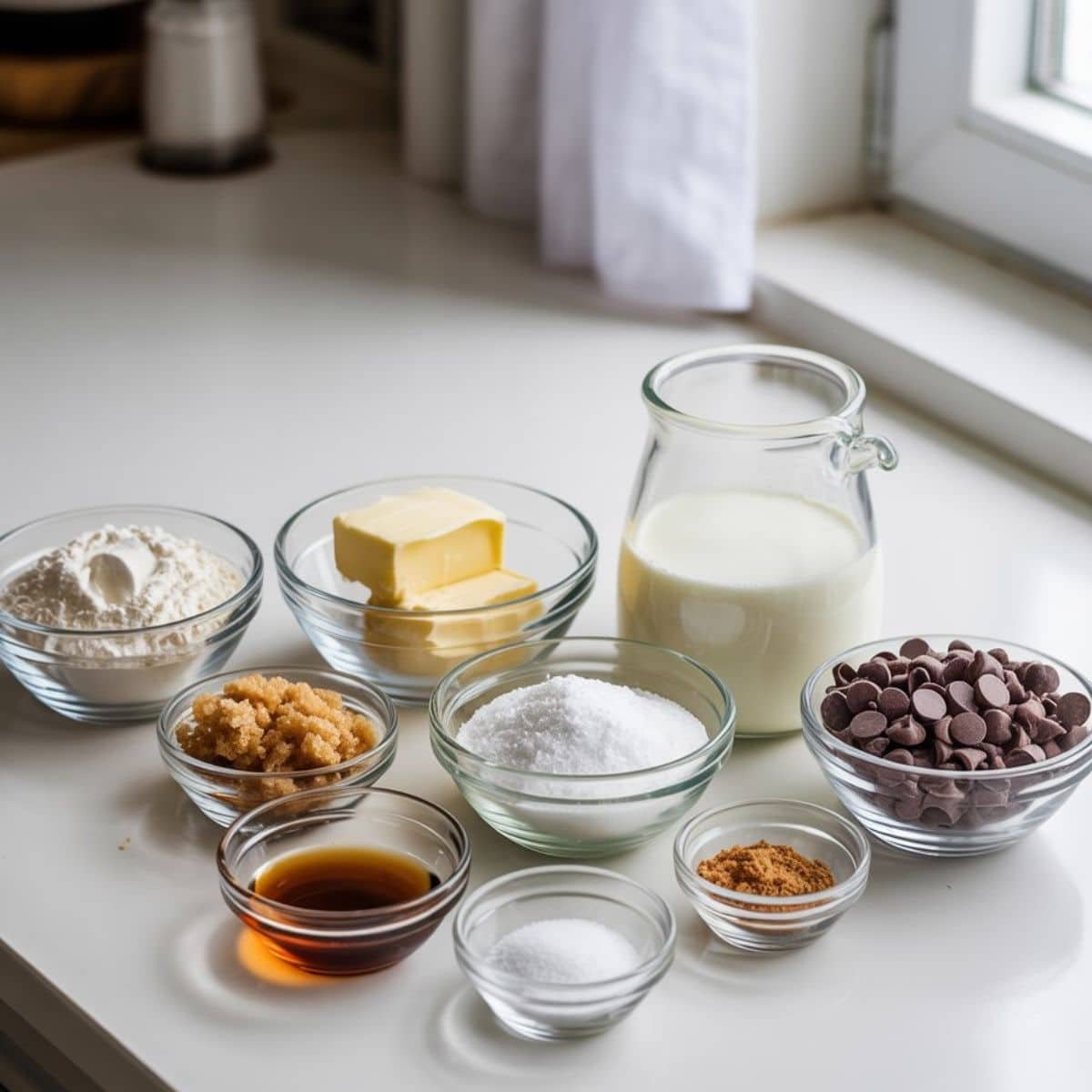 Flat lay of ingredients for cookies without eggs arranged in bowls