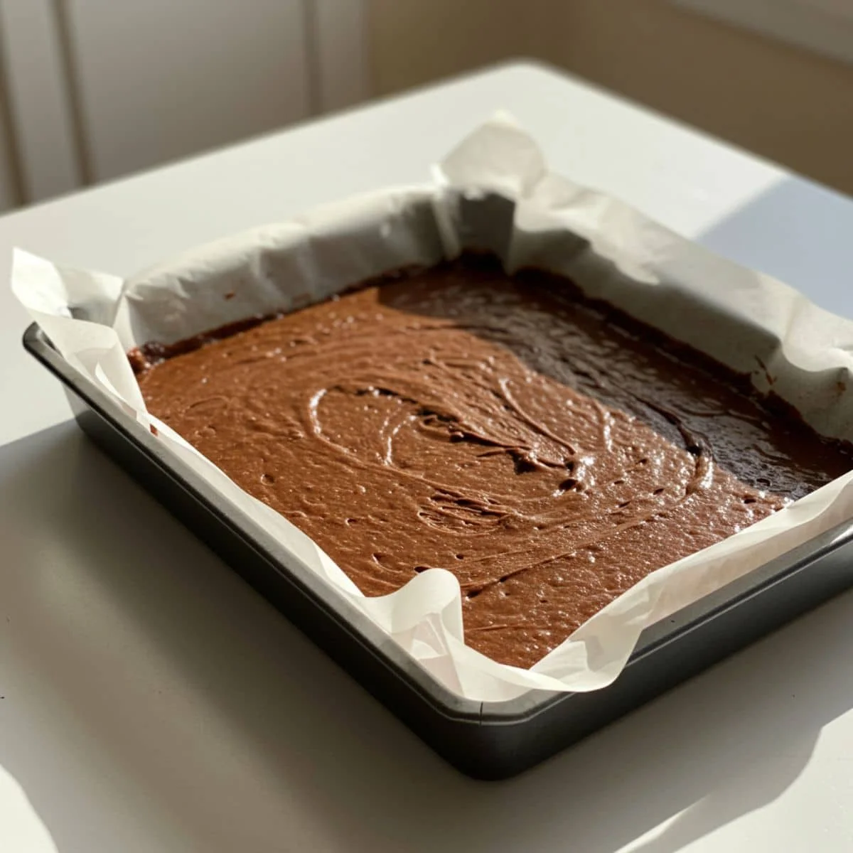 Unbaked espresso brownie batter in parchment-lined pan