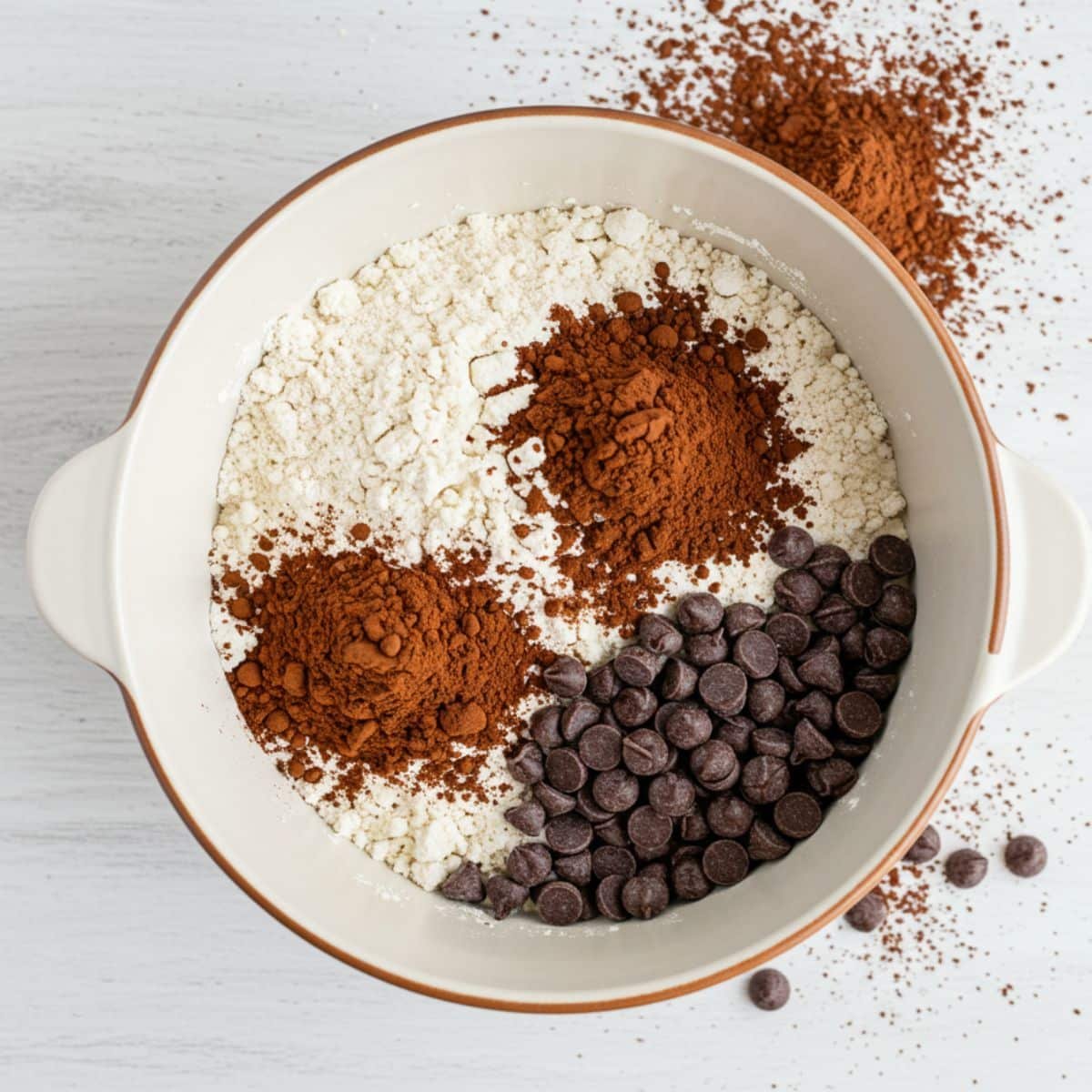 Sifted dry mix with cocoa and espresso powder in white bowl