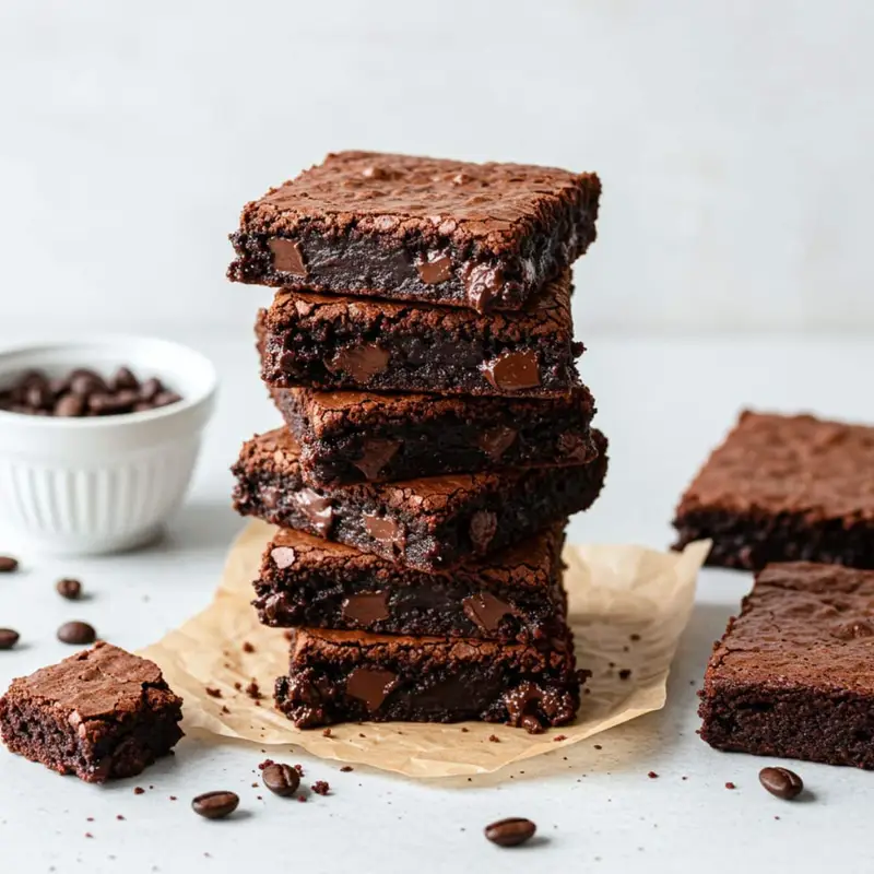 Fudgy espresso brownies stacked on parchment with melted chocolate swirls