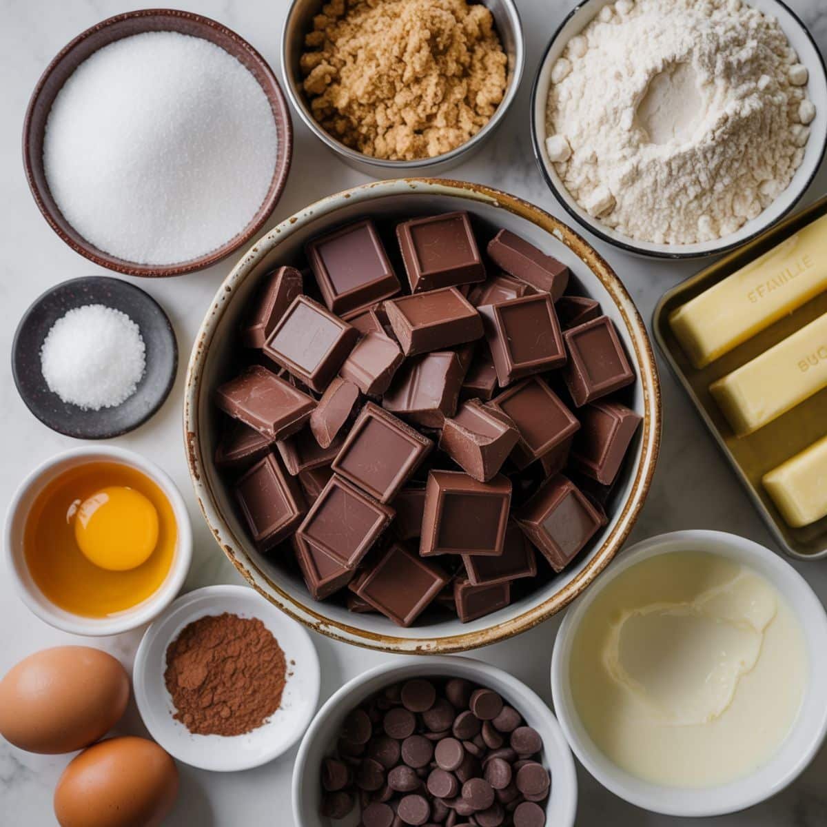 All espresso brownie ingredients laid out on white counter