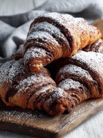 Stack of freshly baked homemade chocolate croissants dusted with powdered sugar on a wooden board.
