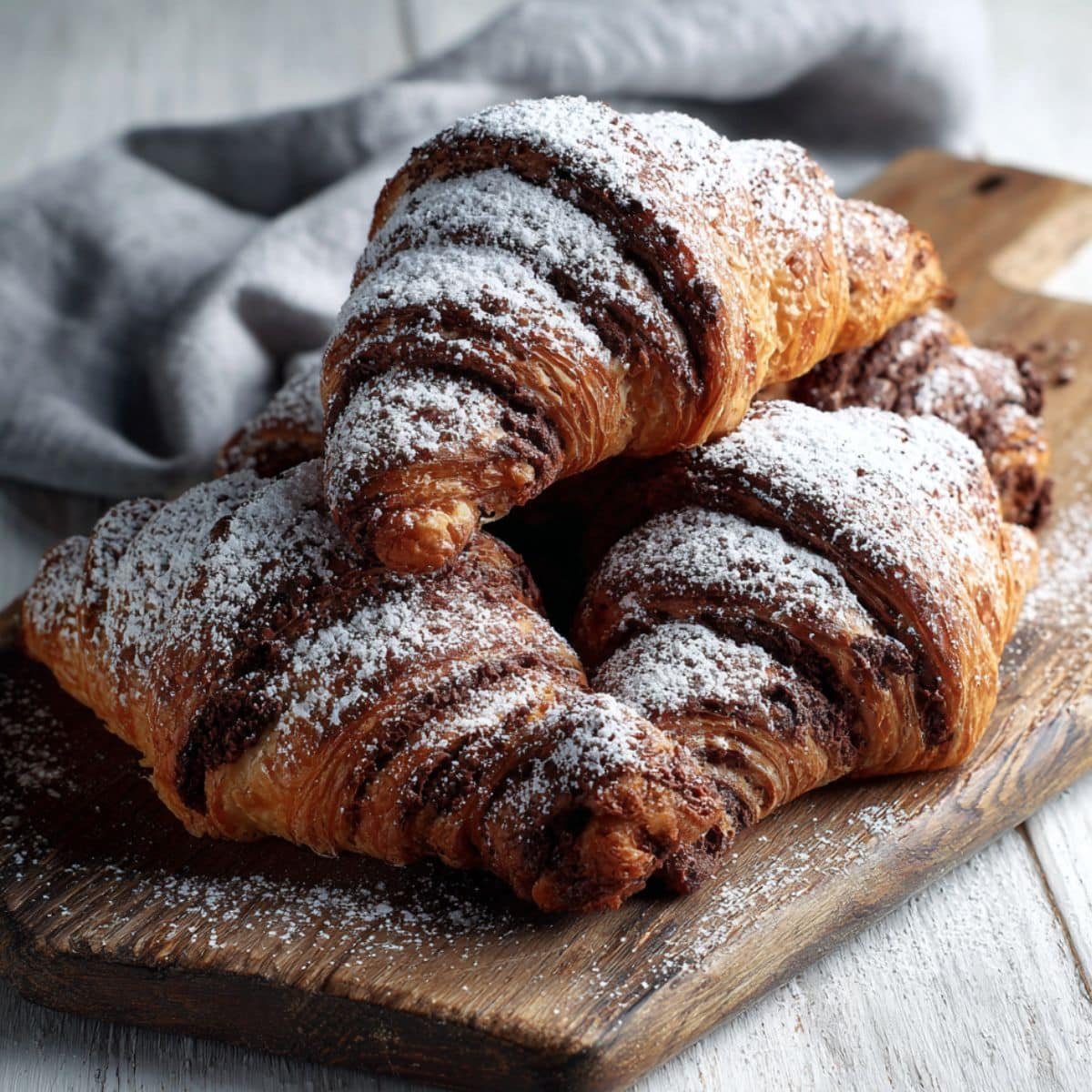 Stack of freshly baked homemade chocolate for croissants dusted with powdered sugar on a wooden board.