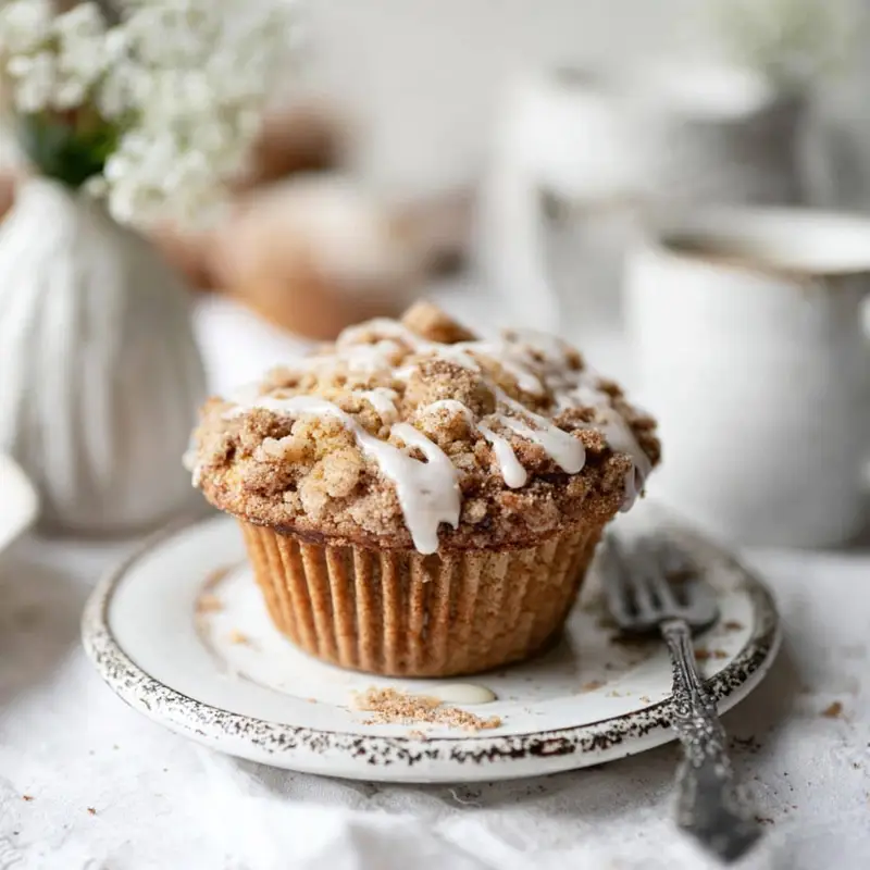 Close-up of a glazed cinnamon streusel coffee cake muffins on white ceramic plate	