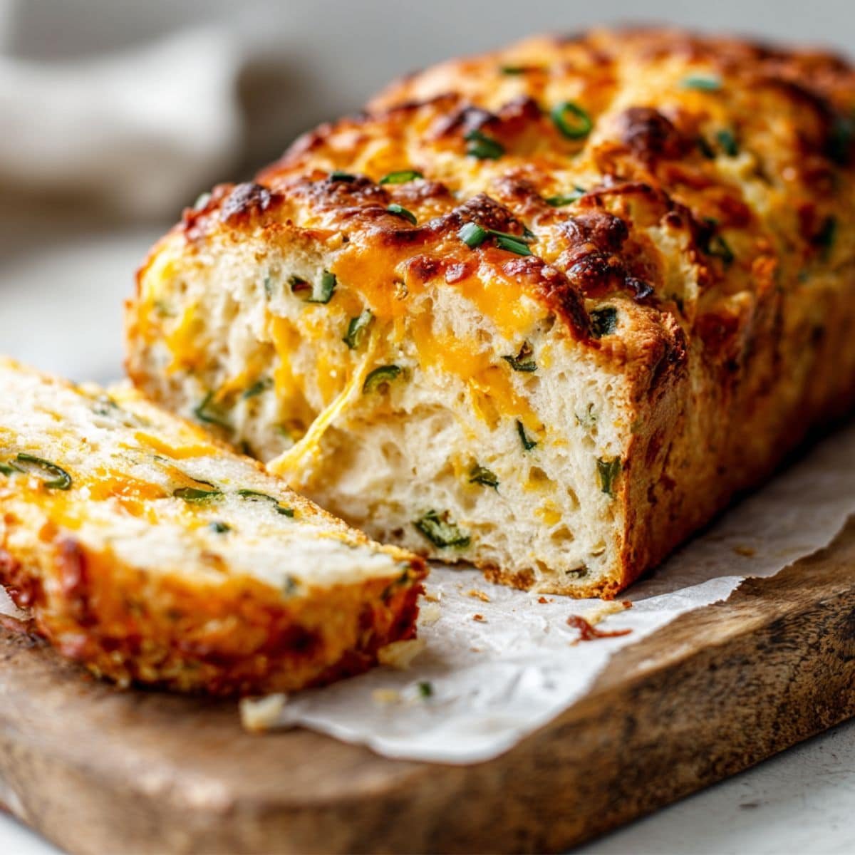 Sliced homemade jalapeño cheese bread with melted cheddar and golden crust