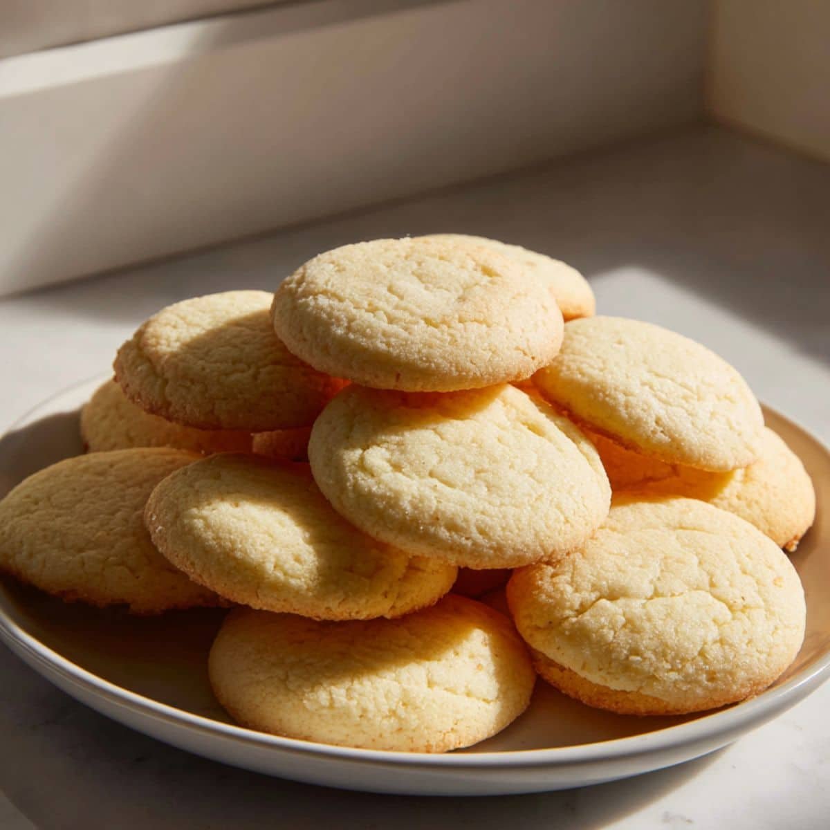 Stack of homemade old fashioned tea cakes on a white kitchen counter	