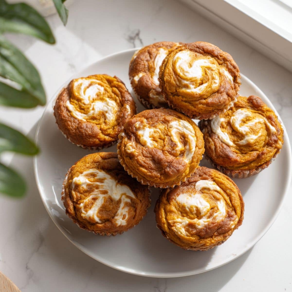 Homemade pumpkin cheesecake muffin with cream cheese swirl on top, close-up