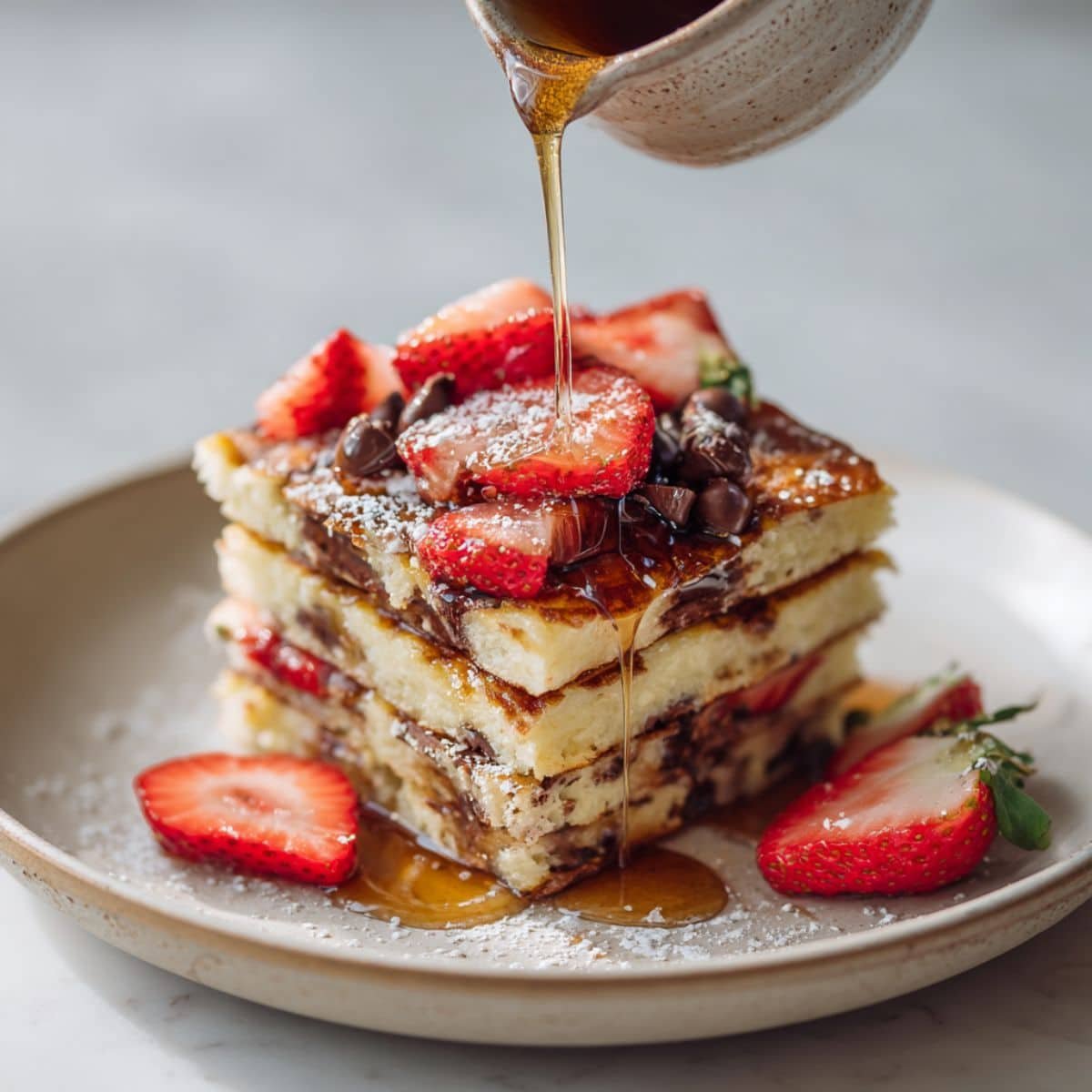 Stack of sheet pan pancakes with strawberries and syrup on a white plate