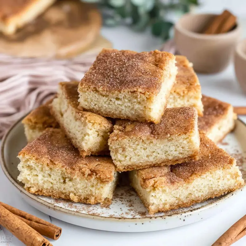 Homemade snickerdoodle bars on a plate with cinnamon sugar toppingHomemade snickerdoodle bars on a plate with cinnamon sugar topping